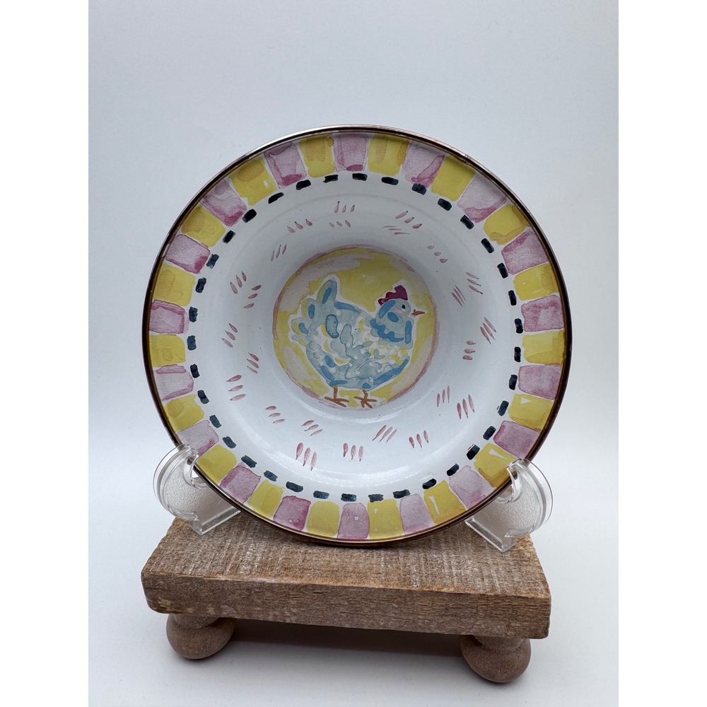 MacKenzie-Childs Enamelware Blue Chicken Bowl Pink Yellow Checkered Rim 6.5"